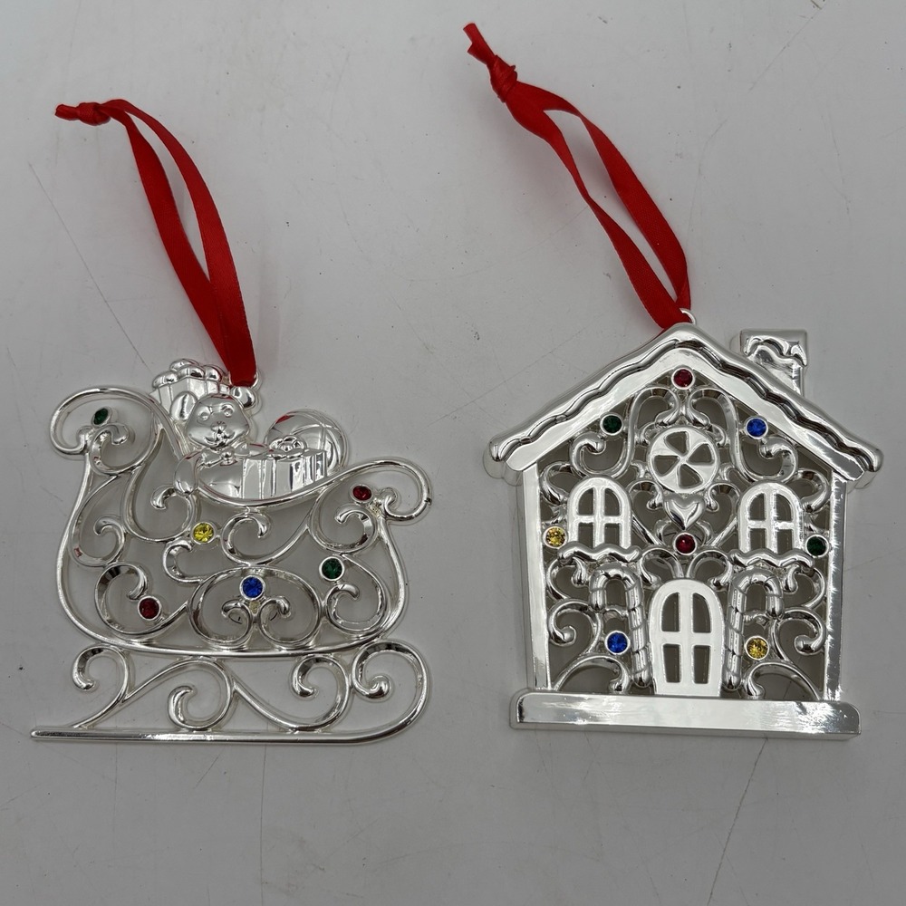 Lenox Silver Tone Ornaments Set of 2 Sleigh & Gingerbread House Jeweled‎ Ribbon